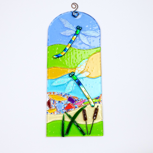 Fused glass dragonfly panel
