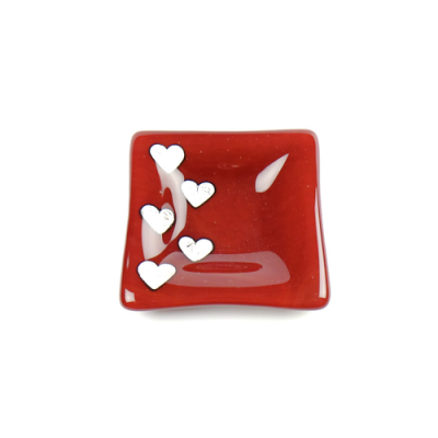 Fused glass red dish with silver hearts