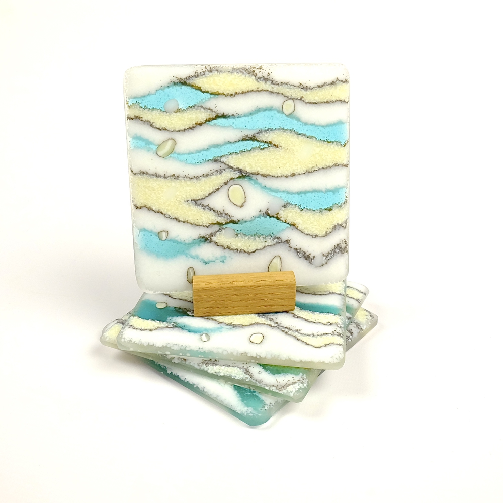 Down at the Beach': Turquoise and White Coasters - Black Cat Glass