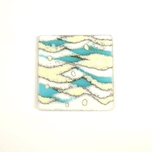 Fused glass sandblasted coaster in turquoise and cream