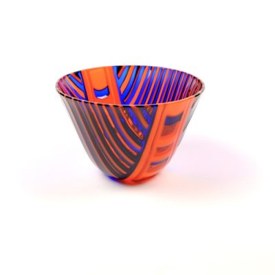 Fused glass striped bowl in orange and blue