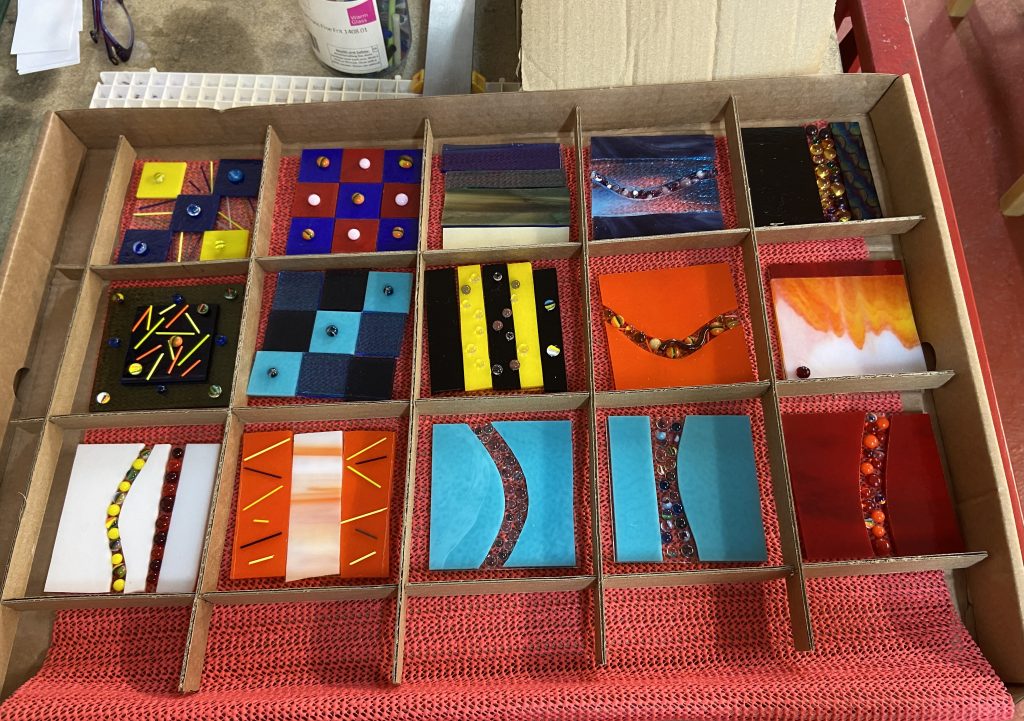 Fused glass workshop. Coasters to be fired in the kiln