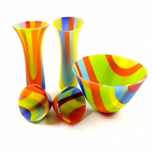 Collection of striped glass bowls and vases